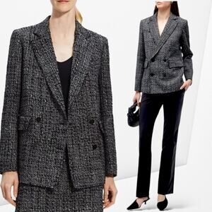 THEORY Wool Double Breasted Tweed Jacket Piazza Noelle Coat Gray Black Creative
